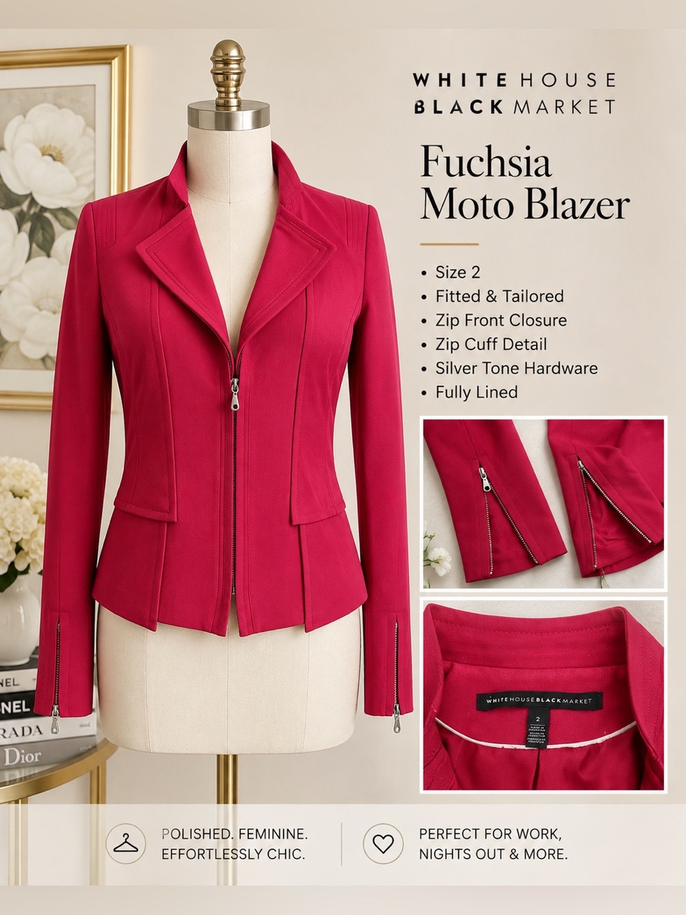 White House Black Market Pink Fuchsia Moto Blazer Jacket Size 2 Zip Cuffs - Picture 2 of 7